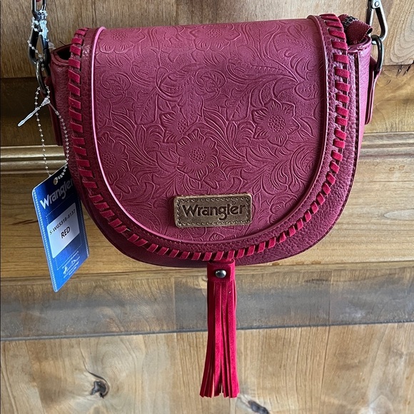 Wrangler Handbags - Wrangler | Red Rose Tooled Bag w/ Crossbody and Fringe Accents